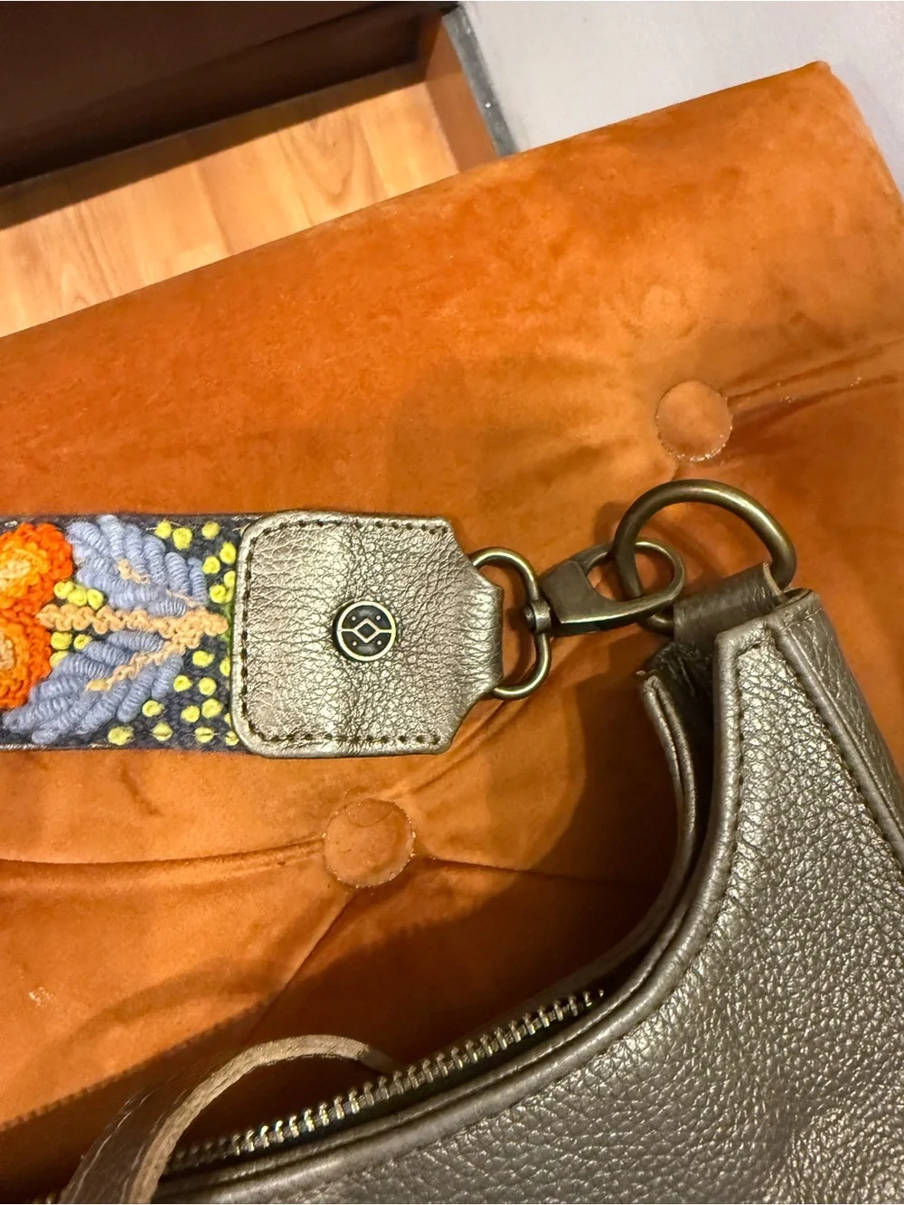 Metallic bronze Leather Hobo with Colorful Embroidered Strap